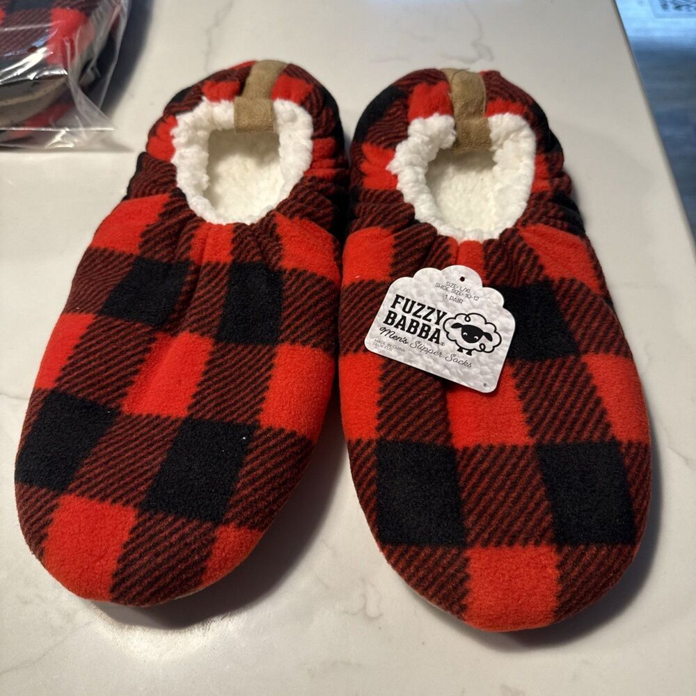 New Fuzzy Babba Men's Slipper Socks Size L/XL (Shoe 10-12) Buffalo Plaid